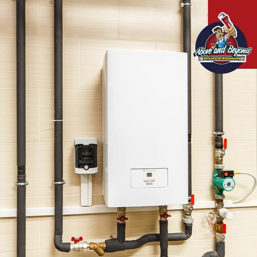 tankless water heater against a wall